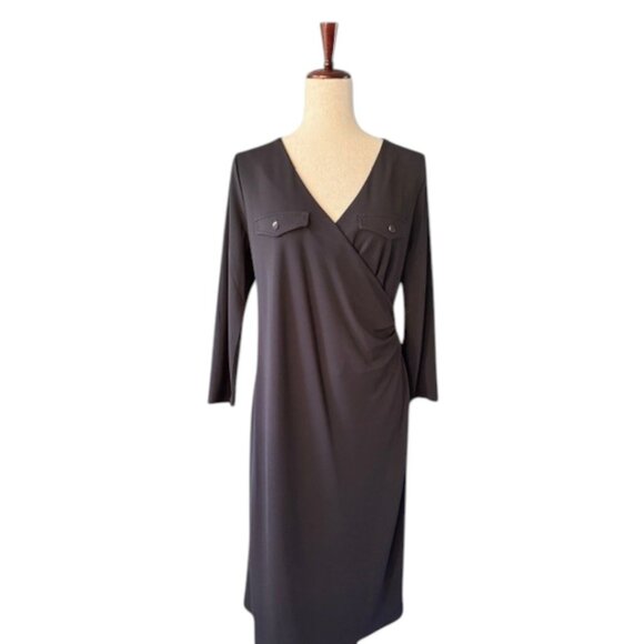 TALBOTS Black Faux Wrap Dress 3/4 Sleeve Sheath Stretch Career Cocktail Med EUC - Picture 1 of 11